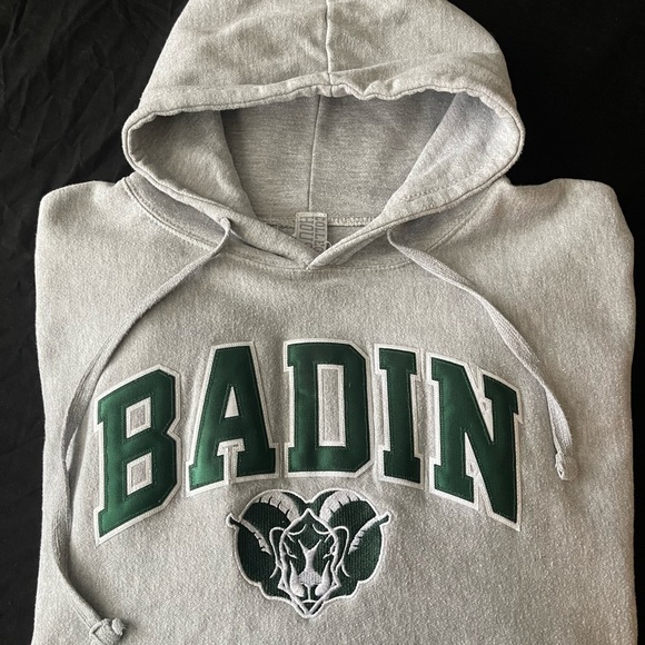 #292 BADIN RAMS HOODIE. Gray in color with awesome patch embroidered logo. - Picture 13 of 14